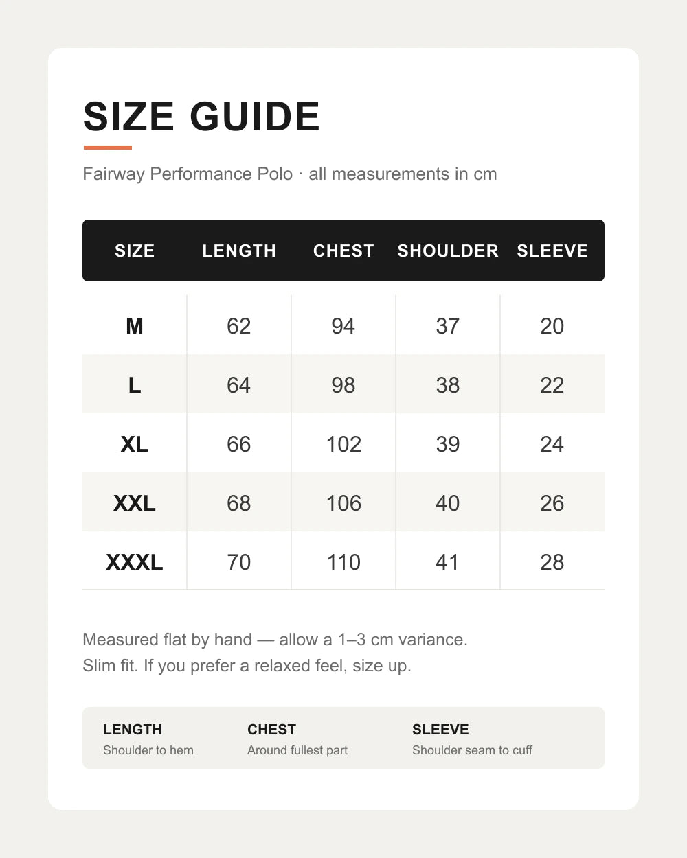 Fairway Performance Polo size guide in centimetres