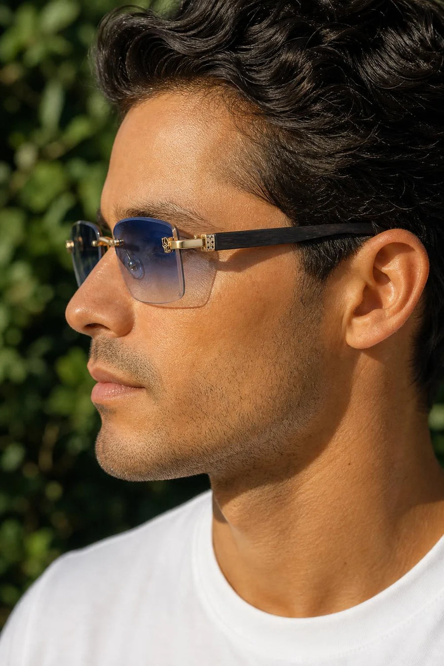 Grove Rimless Sunglasses side profile showing the wood temple