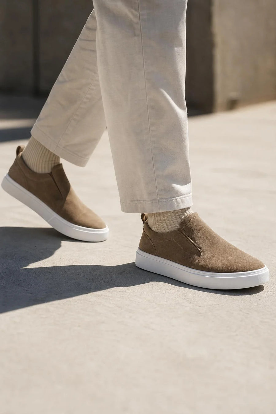 Marbella Suede Slip-On in chocolate, low angle street shot