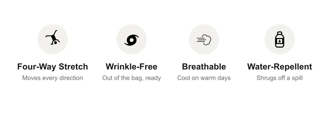Four-way stretch, wrinkle-free, breathable, water-repellent