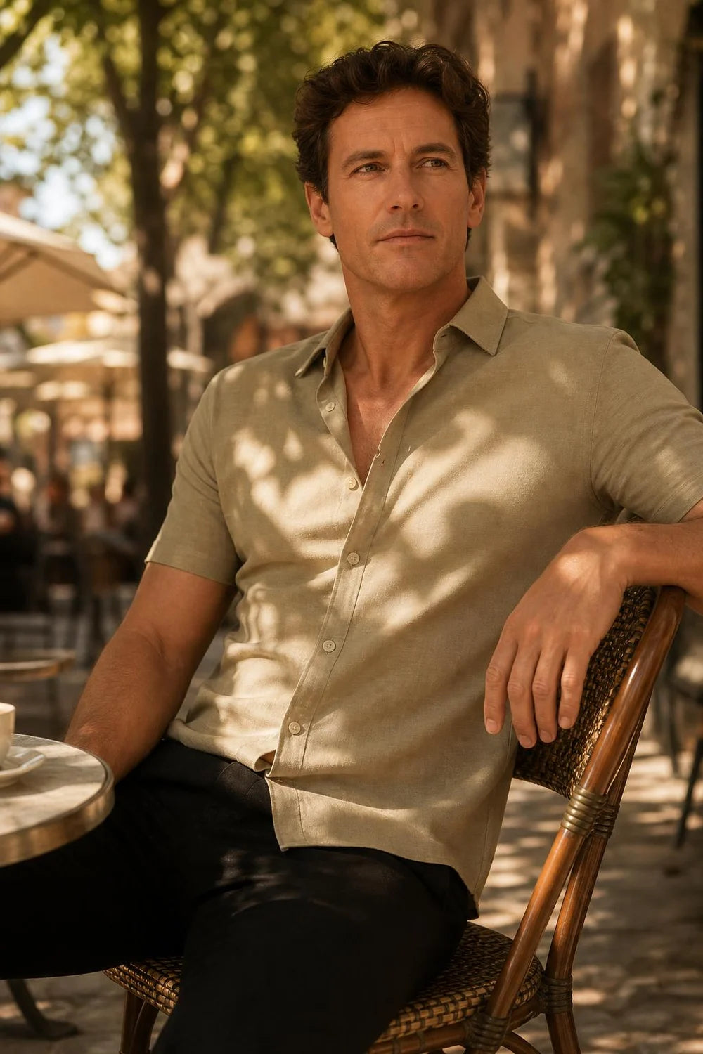 Sterling Stretch Short-Sleeve at an outdoor cafe