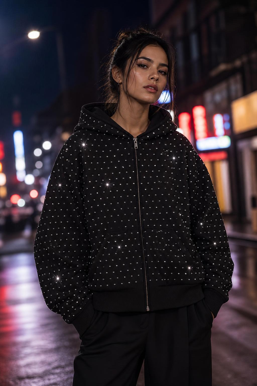 Eclipse Rhinestone Hoodie de frente, capucha abajo, de noche en la calle