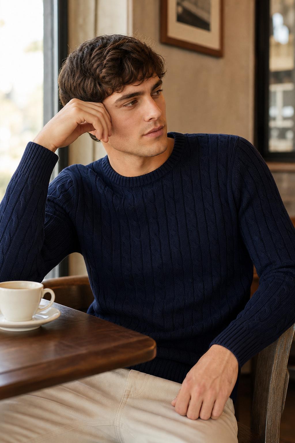 Heritage Cable Sweater color azul marino, ambiente de cafeteria