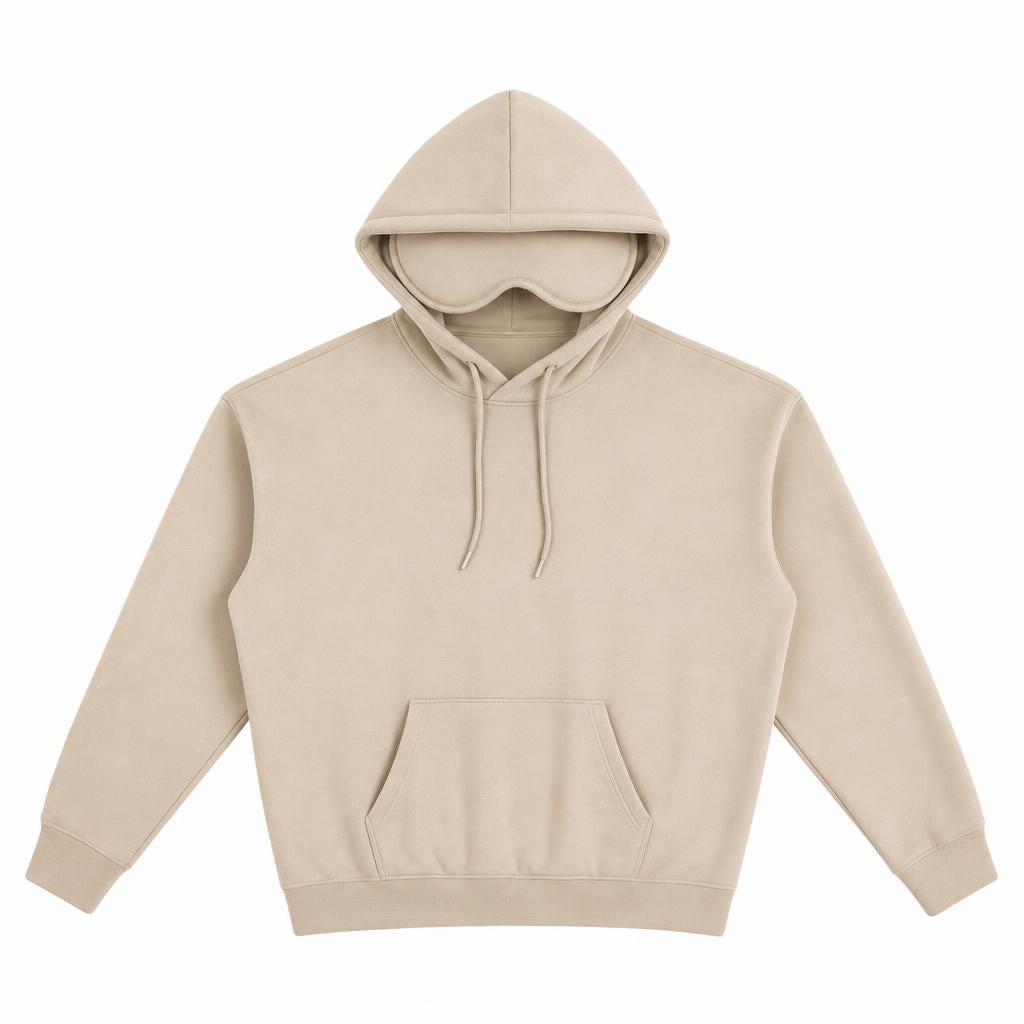 Jetlag Hoodie color beige, antifaz integrado en la capucha