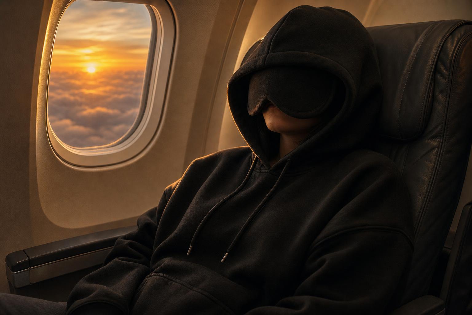 Jetlag Hoodie, durmiendo en el avión con el antifaz puesto
