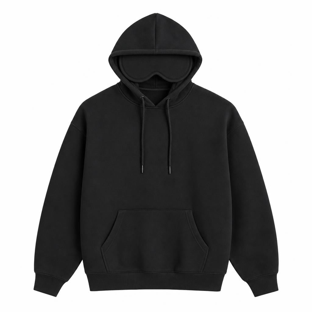 Jetlag Hoodie color negro, antifaz integrado en la capucha