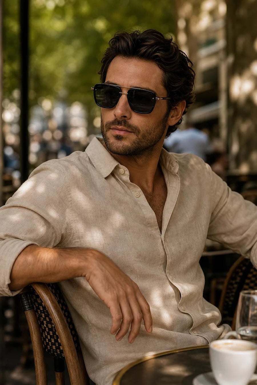 Apex Oversized Sunglasses on a cafe terrace
