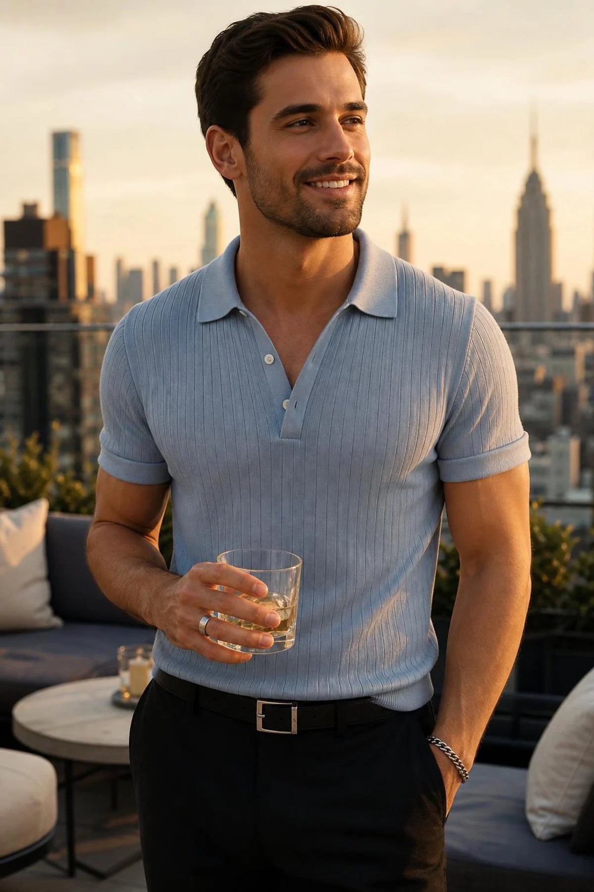 Man in blue Fairway polo on a rooftop terrace
