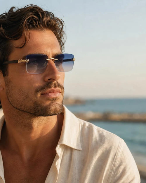 Grove Rimless Sunglasses boardwalk portrait