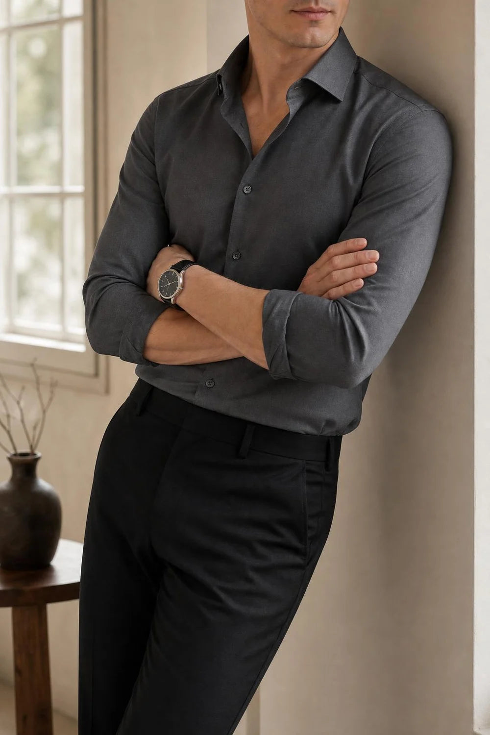 Sterling Stretch Shirt in charcoal, relaxed at home