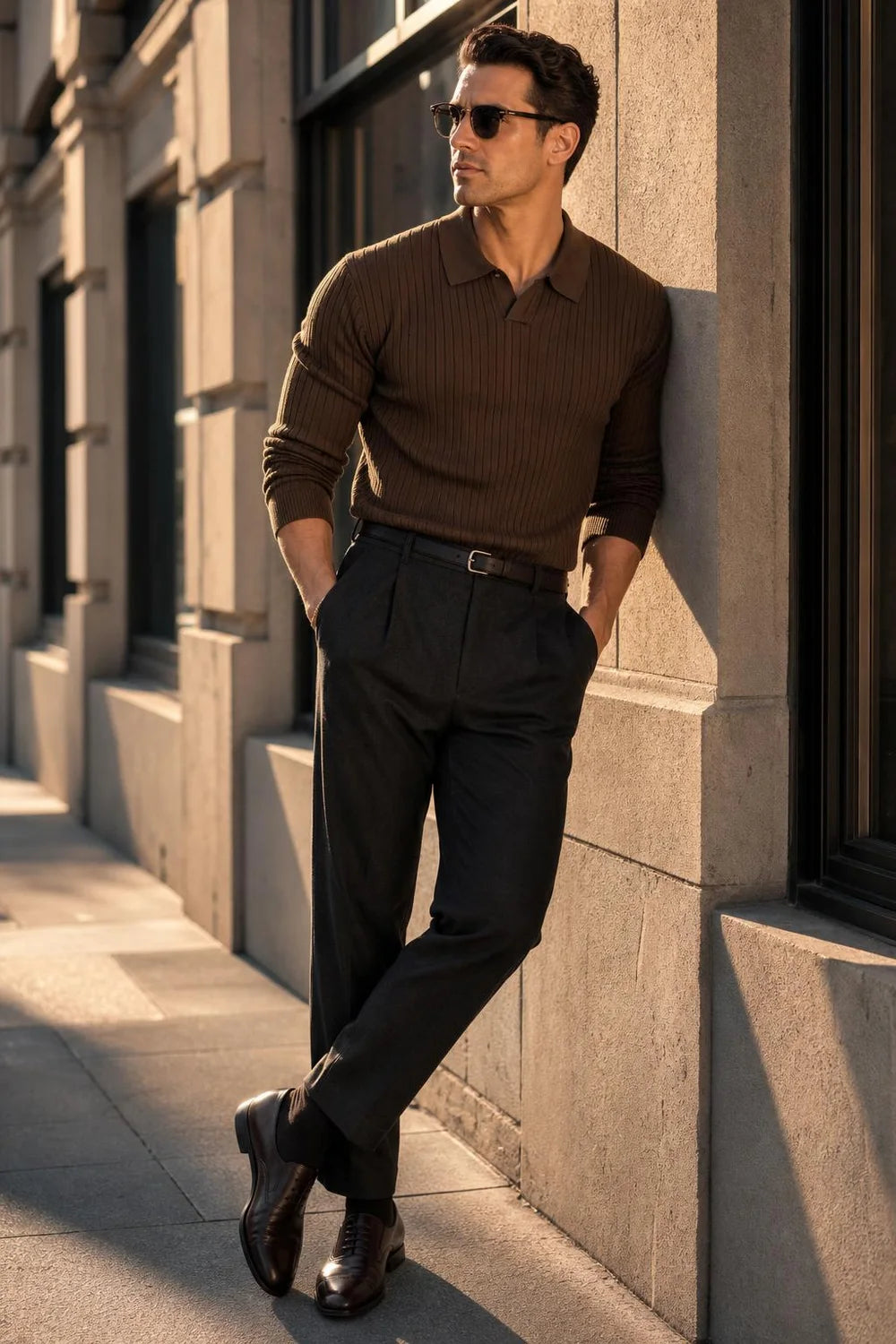 Sutton Ribbed Knit Polo negro en la calle