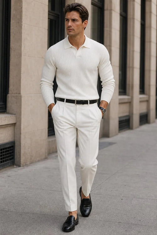 Sutton Ribbed Knit Polo ivory en la calle