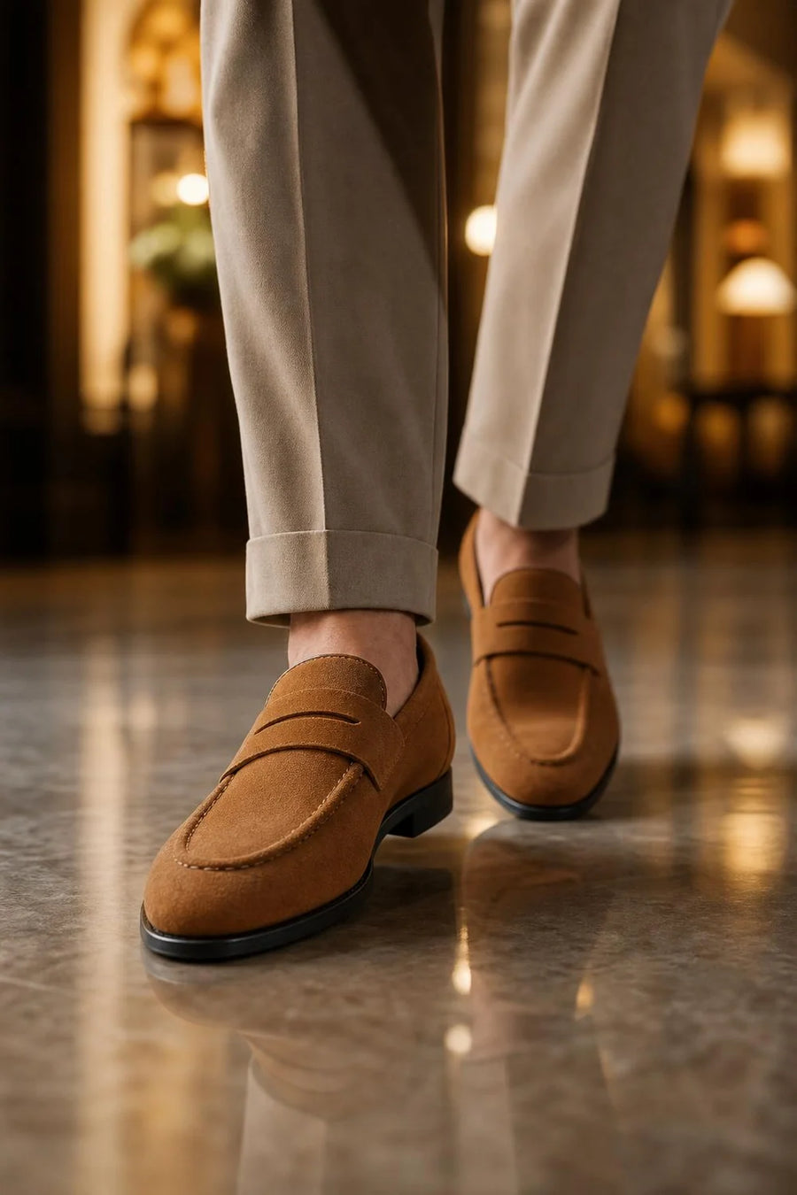 Verona Suede Loafer in beige on a polished floor